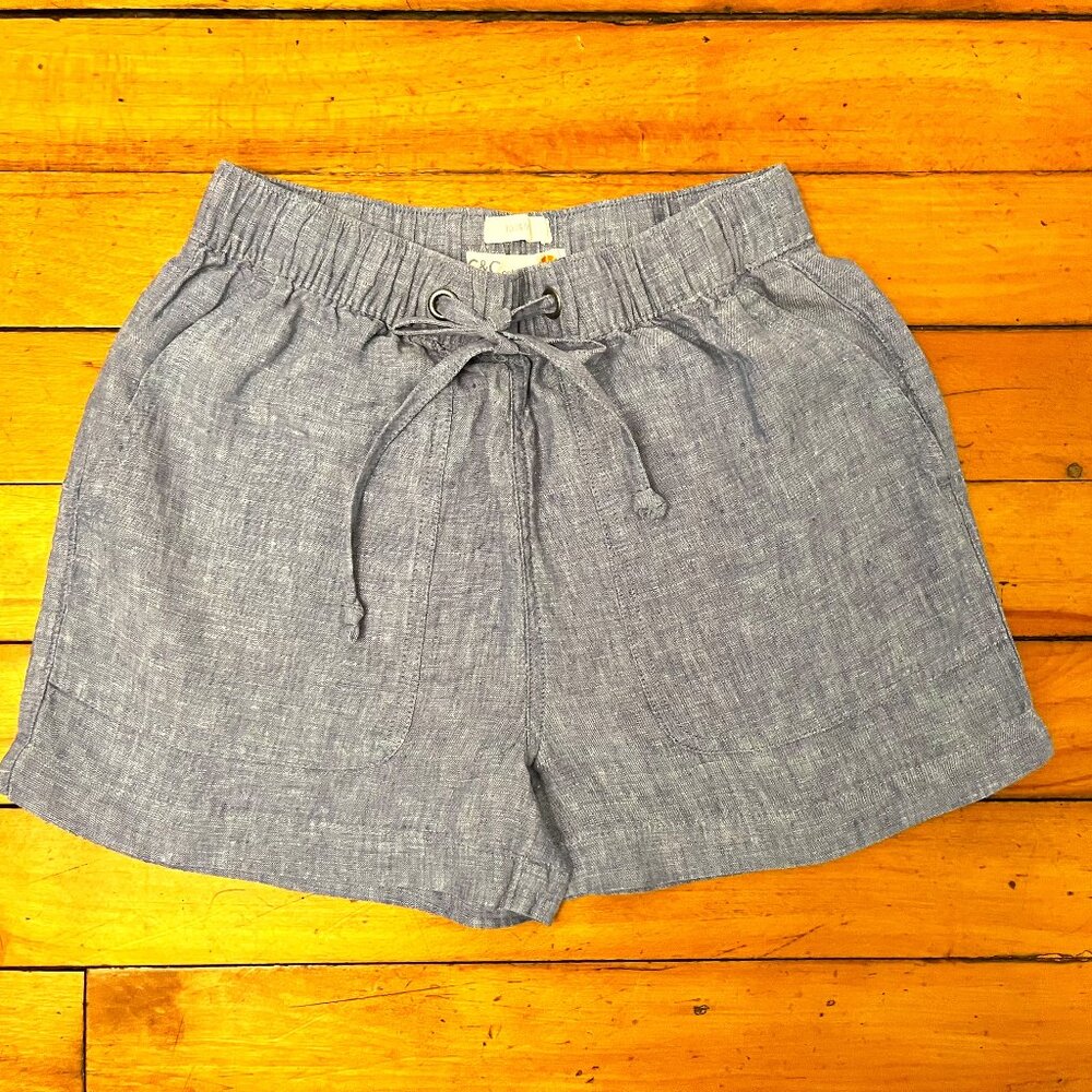 C&C California Blue Linen Drawstring Shorts With Pockets, Size XS